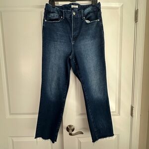 Good American Dark Indigo Raw-Hem Cropped Straight Jeans
